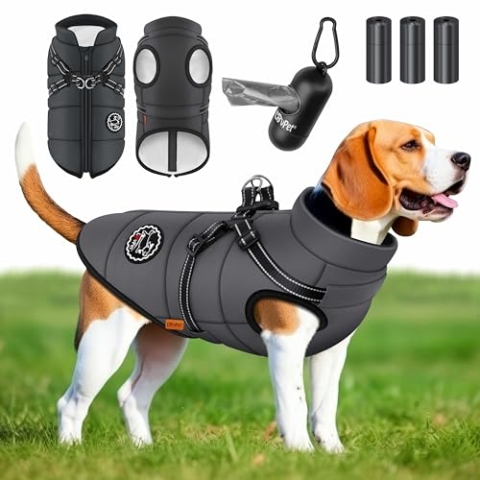 Lovpet® Hundejacke Hundemantel mit Geschirr, inkl. 45 Stück Kotbeutel + Spender, Hunde Winterweste gefüttert wasserdicht, Gepolsterte Weste Mit Brustgurt, Reflektoren, D-Ring 4XL, Anthrazit