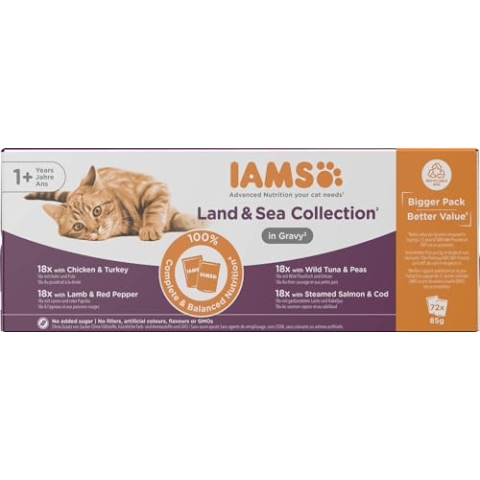 IAMS Delights Land & Sea Collection Katzenfutter Nass - Multipack mit Fleisch und Fisch Sorten in Sauce, Nassfutter für Katzen ab 1 Jahr, 72 x 85 g
