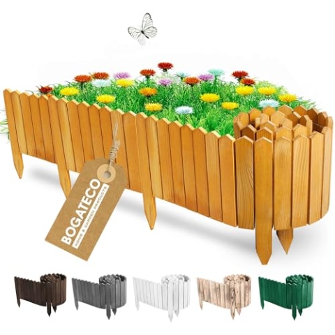BOGATECO Rollborder aus Holz, 200 & 10 cm Tannenholz | Gartenzaun, Palisade zum Markieren von Wegen und Grenzen von Blumenbeeten, Rasen | flexibel | imprägniert | Hellbraun
