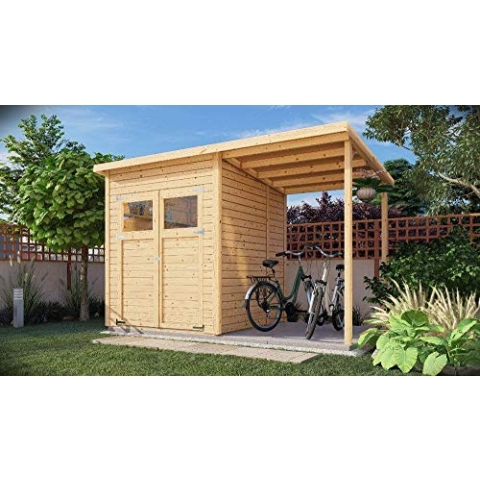 Alpholz Gerätehaus Mollie Plus 335x199 cm Fichtenholz 14 mm Wandstärke Pultdach mit Anbau und Schleppdach inkl. Montagematerial