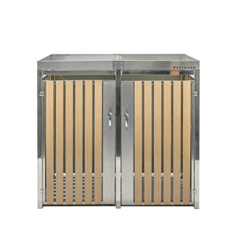 WESTMANN Mülltonnenbox für 2X 240L Mülltonnen | 84x134x125 cm Silber | Edelstahl Mülltonnenverkleidung inklusive Holzelementen