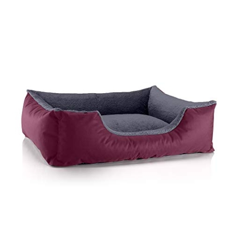 BedDog Hundebett Teddy, Hundesofa aus Cordura und Microfaser-Velours, waschbares Hundebett mit Rand, Hundekissen Vier-eckig, für drinnen, draußen, Größe L, Bordeaux-grau