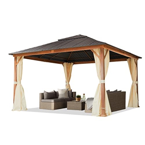 TOOLPORT Gartenpavillon 4x4 m Holzoptik, Stahldach Hardtop 4 Seitenteile in Champagner