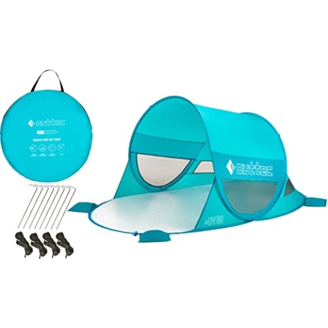 Outtec Selbstfaltendes Zelt, Pop Up Strandmuschel mit Sandtaschen, Leicht zu Tragen Gartenmuschel mit 50 UV Schutz, Wasserdicht Windschutz für Kinder und Erwachsene, Sonnenschutz, Türkis 195x120