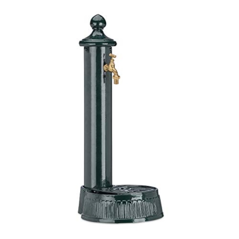 Relaxdays Standbrunnen, Antik-Stil, Nostalgie, Garten, Terrasse, Wasserhahn, Becken, HxBxT: 61 x 25 x 31 cm, dunkelgrün, Grün