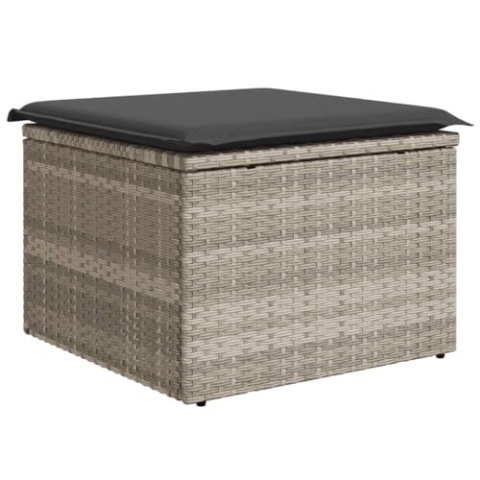 vidaXL Gartenhocker mit Kissen, Hocker mit abnehmbarem waschbarem Bezug, Gartenstuhl mit Staufach unter Sitzfläche, Sitzhocker Gartenmöbel, Hellgrau Poly Rattan