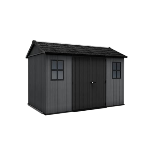 Keter Newton 1175 – Kunststoff Gartenhaus mit Holzoptik, wetterfest, wartungsfrei, 230x350x246cm, Doppeltür, Fenster, Belüftung, Bodenplatte
