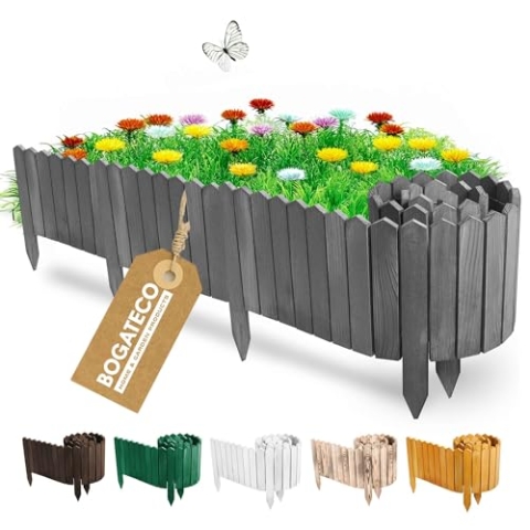 BOGATECO Beeteinfassung Holz Rollborder Holzlatten | Rollzaun 30cm Hoch & 200cm lang | Holz-Zaun | Staketenzaun Perfekt als Beet-Umrandung oder Weg-Abgrenzung | Anthrazit