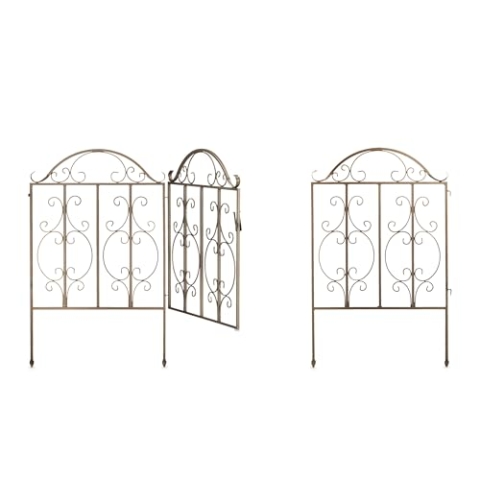 Relaxdays Gartentor, 3-teilig, Stahl, Gartenpforte Ornamente, Gartentür mit 2 Zaunelementen, HxB: 98,5 x 185 cm, Bronze