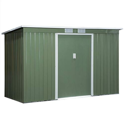 Outsunny Metall Gerätehaus 6,3m³ 280x130x172cm Geräteschuppen mit Pultdach Schiebetür wetterfest Gartenhaus Outdoor Garten Schuppen Schrank für Hinterhof Außenbereich Anthrazit, Hellgrün