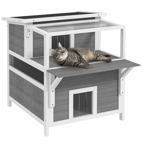 PawHut Katzenhöhle, Katzenhütte aus Tannenholz, Katzenhaus mit Balkon, Eingängen, für Katzen bis 5 kg, Outdoor, 64 x 87 x 76 cm, Hellgrau