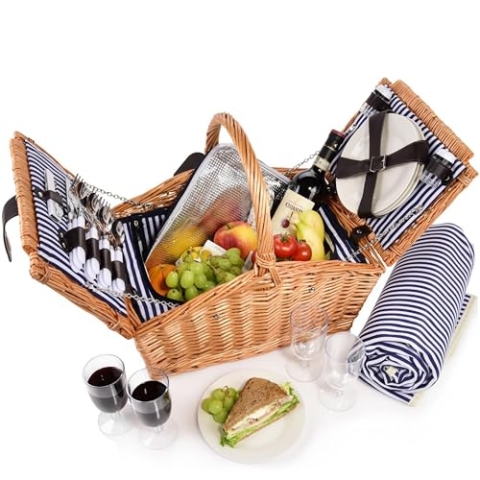 Sänger | Picknickkorb Sylt, 24-teiliges Komplettset für 4 Personen, Picknickkorb Groß, Picknick Decke & Geschirr