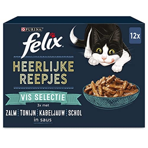 FELIX Köstliche Streifen Fischauswahl Katzenfutter, Nassfutter mit Lachs, Thunfisch, Kabeljau, Scholle in Sauce; 12 x 80g - 4er Karton (48 Portionsbeutel; 3,84kg)