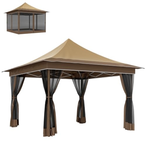 Outsunny Gartenlaube 3,5 x 3,5 m, Faltzelt mit 4 Moskitonetzen, Pop-up-Barnum höhenverstellbar, Tragetasche, für Camping, Festival, Strand, Garten, beige
