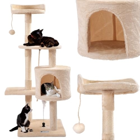 Rea, PuppyJoy Katzenkratzbaum mit Mehreren Ebenen Pj-042 Beige, Spiel, Schlaf und Kletterparadies für Stubentiger - 85X10X85CM