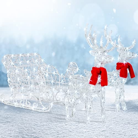 KESSER® 240er LED Rentiere mit Schlitten weiß Timer Inkl. 2X Dekoschal Weihnachtsbeleuchtung für außen und innen Weihnachtsfigur Weihnachtsdekoration mit Dauerbeleuchtung und blinkende