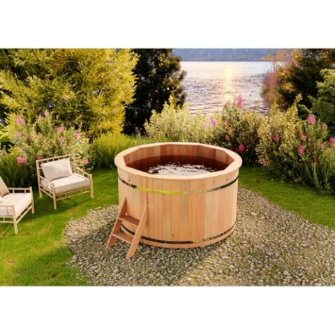 Finntherm Holz Badefass Bergen, Hot Tub Ø 180 x 101 cm, 5-6 Personen, inkl. Einstiegsleiter, Schwimmbecken, Badebottich, Sprudelbad