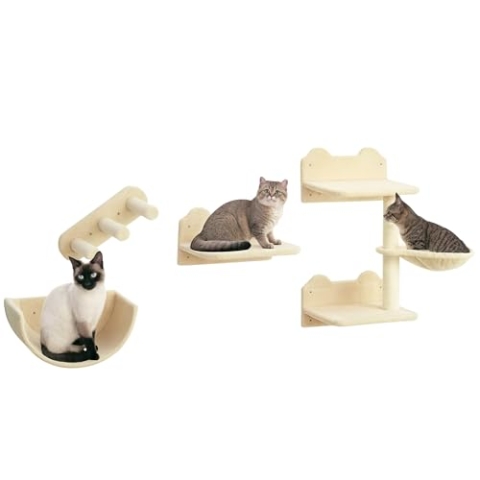 PawHut Katzen Kletterwand 4 TLG. Klettern Katzenkratzbaum mit Kaztentreppe, Hängematte, Sprungplatt, Wandkratzbaum, Wand Katzenmöbel für Katzen bis 5 kg, Polyester, Beige