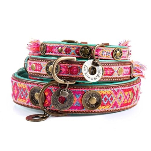 Dog with a Mission - Hundehalsband L | Farbenfroh in Rosa und Türkis | Boho, Ethno, Ibiza, Hippie | Ideal für große Hunde | Handgemacht | Modisch und Bunt | Aus weichem Echtes Leder | 2,5 cm Breit