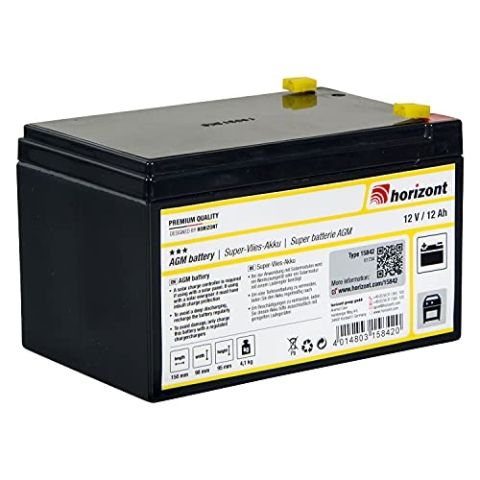 horizont Weidezaunakku wiederaufladbar 12V/ 12Ah, Super-Vlies-Akku 12V, Akku für Weidezaungeräte aufladbar, niedrige Selbstentladung, wartungsfrei, 12V/12Ah, inkl. Anschlusskabel