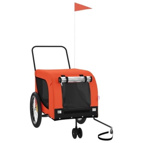 vidaXL Fahrradanhänger für Hunde, Hundeanhänger mit Reflektoren Flagge, Hundetransporter Maximale Belastbarkeit 30 kg, Haustier Transportwagen, Orange Schwarz Oxford-Gewebe Eisen