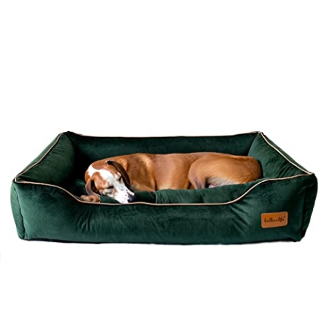 Halkalife Hundesofa – Hundebett – Hundebett mit hohen Seiten – Hundesofa aus Velours – abnehmbares Bett für einen großen Hund – waschbares Hundesofa (L (100x70x18 cm), Flaschengrün)