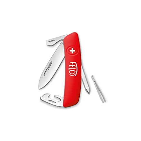 FELCO 504 Schweizer Taschenmesser (9 Funktionen, Klinge 75 mm, Messer inkl. Schlitzschraubendreher, Kreuzschraubendreher, Pinzette, Flaschenöffner, Dosenöffner, Klingenverriegelung), Rot