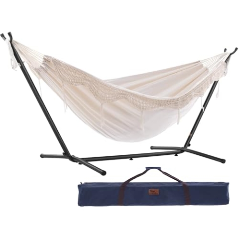 Vivere, Natural Double Cotton Hammock with Space-Saving Steel Stand Including Carrying Bag