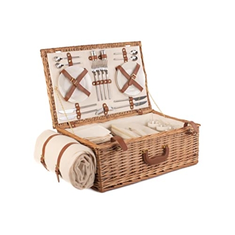 Red Hamper Deluxe komplett ausgestattet für 4 Personen, traditioneller Picknickkorb