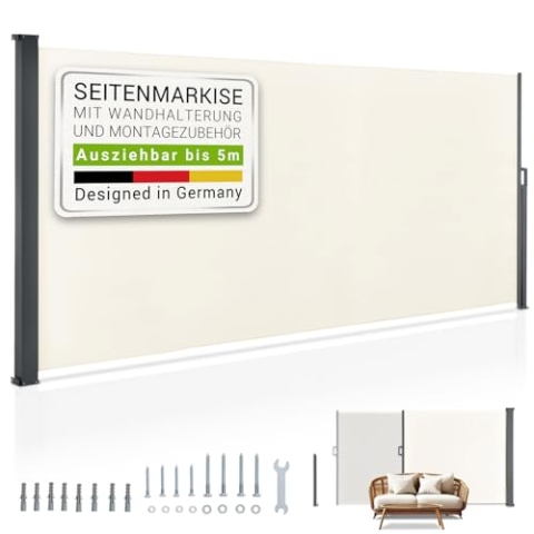 Juskys Seitenmarkise Dubai 500 x 160 cm ausziehbar Blickdicht, Sichtschutz für Balkon & Terrasse, Seitenrollo mit Wandhalterung - beige