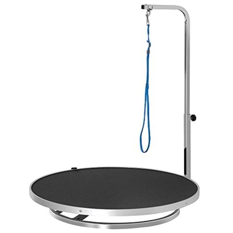 PawHut Hund Trimmtisch Tierpflegetisch drehbar trocknen Tabelle mit verstellbaren Arm rutschfeste Tischplatte Verriegelungssystem Aluminium-Legierung Rand Edelstahl Rahmen Sicherheit Leine Ø65x H10