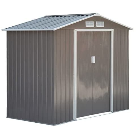 Outsunny Gerätehaus 2,42 m², Gartenhaus mit Satteldach, Schiebetür, Fundament, 213 x 130 x 185 cm, Geräteschuppen aus Verzinkter Stahl, wetterfest, für Garten, Grau