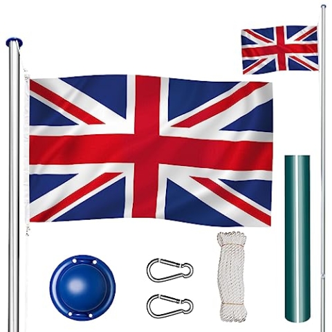 tectake Fahnenmast aus Aluminium, Teleskop Fahnenstange Set mit Flagge, Bodenhülsen, Seilzug, höhenverstellbar bis zu 6,50 m - ideal für Balkon, Garten, Festival und Camping - UK
