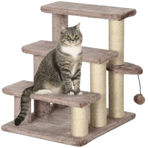 PawHut Katzentreppe 3-stufige Haustiertreppe mit Kratzsäulen Ball Hundetreppe Tiertreppe für Katzen bis 5 kg Plüsch Jute Braun 45 x 40 x 48 cm