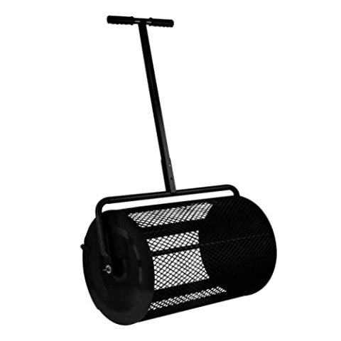 66cm Kompoststreuer Saatgutstreuer Schwarz Torfmoosstreuer Gartenstreuer Düngerstreuer Roller mit T Griff Garten Rasen Gras Stahl Verlängerbarer Griff 80L Maschenkorb Leichtgewichtig GRATIS Handschuhe