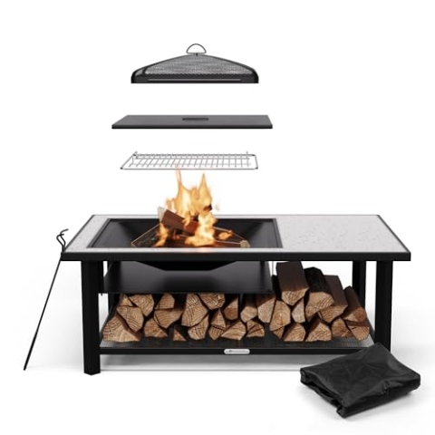Blumfeldt Merano Avanzato L Feuerschale - 3-in-1 Feuerschale mit Grillrost & Tisch, robuster Stahlrahmen, Terrazzo-Tischplatte, inkl. Funkenschutz, Schürhaken & Deckel, für Garten & Terrasse