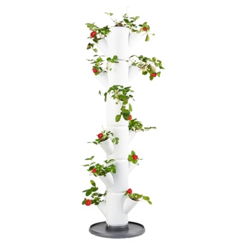 GUSTA GARDEN Sissi Strawberry Erdbeerbaum Classic Weiß - Hochbeet System Erdbeeren mit Wandhalterung - Garten & Balkon - 113 cm Höhe - 15L Erdvolumen