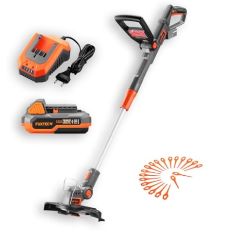 Fuxtec 20V Akku-Rasentrimmer FX-E1RT20 – Leicht (2,2 kg), 25 cm Schnittbreite, inkl. 2Ah Li-Ionen Akku & Ladegerät - Teleskopverlängerung, drehbarer Kopf für präzise Rasenkanten, kabelloses Trimmen