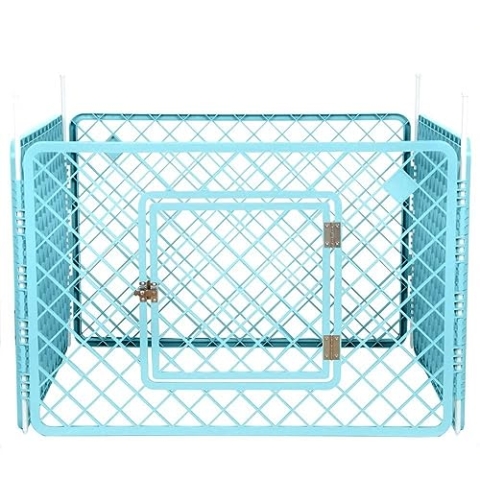 Iris Ohyama Welpenauslauf mit 4 Paneelen und abschließbarer Tür, H60cm, Blau, Katzengehege, Hundebox, Für Outdoor, Indoor, Welpenlaufstall, Hundezaun, Welpenzaun, Laufstall Hund, H-604