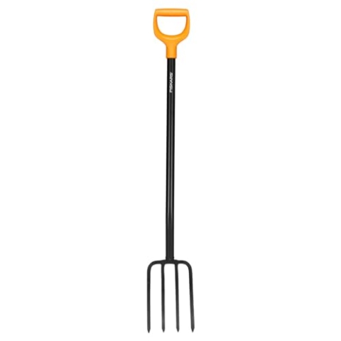 Fiskars Spatengabel für harte, steinige Böden, Mit 4 Zinken, Länge 120 cm, Hochwertige Stahl-Zinken/Kunststoff-Stiel, Schwarz/Orange, Solid, 1070673