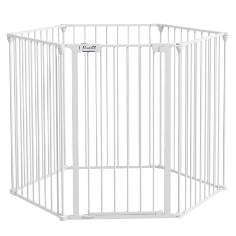PawHut Welpenauslauf klappbar, 90 cm Hoch, Absperrgitter Hunde, Absperrgitter mit 6 Platten, Freilaufgehege, Freistehendes Kaminschutzgitter, Freigehege für mittelgroße Hunde, Stahl, Weiß
