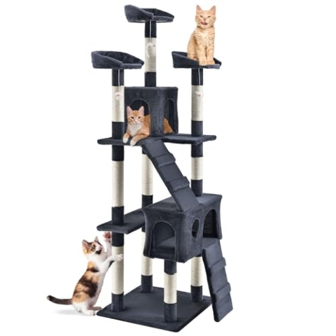 Juskys XXL Kratzbaum Amy - Katzenbaum mit Höhlen, Liegeflächen, Leitern & Sisal-Stämmen - Stabiler Kletterbaum für Katzen 170 cm hoch - Grau