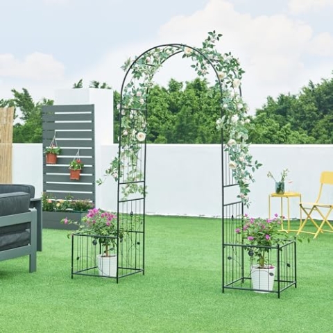 casa.pro Rosenbogen Barisciano mit 2 Pflanzkästen Gartenbogen Metall Schwarz 220 x 202 x 50 cm Spalier mit Blumenkübel Rankgitter Rankhilfe