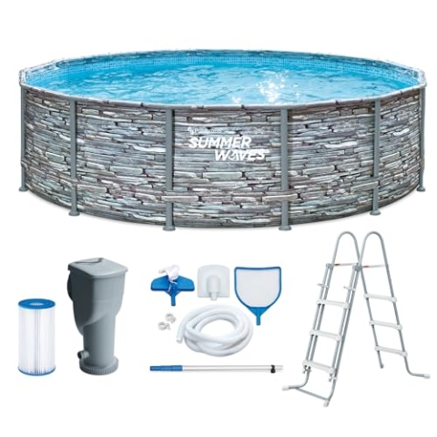 Summer Waves Frame Pool Komplettset | Rund 427x107 cm Steinoptik Grau | Aufstellpool Set | Gartenpool & Schwimmbecken inkl. Filterpumpe