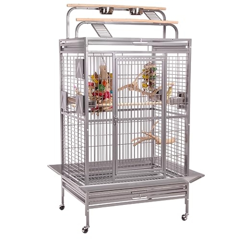 Montana Cages | Vogelvoliere Papageienkäfig Hacienda Play, für kleine- & mittelgroße Papageien, inkl. Freisitz, 4 Lenkrollen, 4 Edelstahlnäpfe, Platinum Edition, ca. 91 x 71 x 181 cm