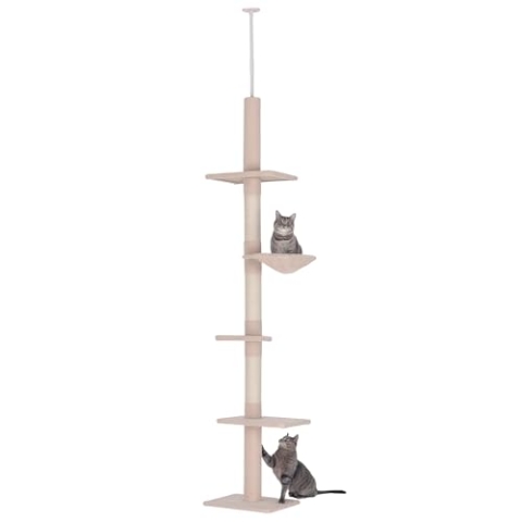 PawHut Kratzbaum Deckenhoch höhenverstellbar, Stabiler Katzenbaum mit Sisalsäulen, Katzen Kletterbaum, Beige, 40 x 34 x 230-260 cm
