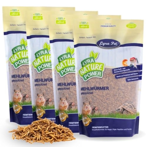 Lyra Pet® | 4 x 1 kg Mehlwürmer getrocknet | Proteinreiches Vogelfutter | Für Wildvögel, Nager, Reptilien & Fische | Nahrhaftes Futter | Energiespender für Insektenfresser | Vitamine & Mineralstoffe