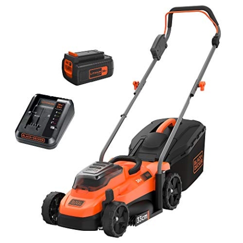 Black+Decker Akku-Rasenmäher BCMW3336L1 (36V, 2.5Ah, 33 cm Schnittbreite, für mittlere Rasenflächen bis 250 m², 5-fache Höhenverstellung, inkl. 1 Akku, Ladegerät, 35l Fangkorb), Orange/Schwarz