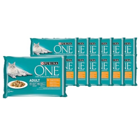 PURINA ONE Adult Katzenfutter nass, zarte Stückchen in Sauce mit Huhn, 12er Pack (12 x 4 à 85g)