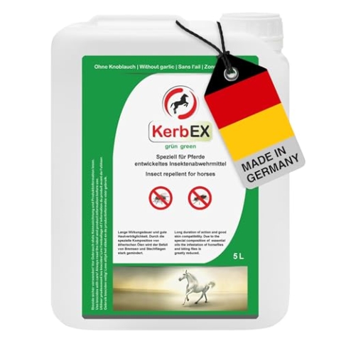 KerbEX grün - 5 Liter - Insektenabwehrmittel für Pferde – Ohne Knoblauch mit spezieller Komposition ätherischer Öle, Schutz vor Bremsen, Mücken, Kriebelmücken und Zecken